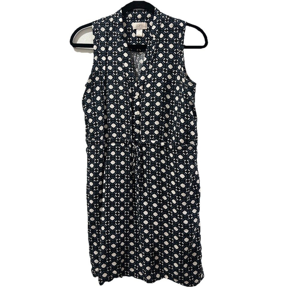 LOFT Womens Size SP Dress Sleeveless Geometric Print V Neck Drawstring Waist
